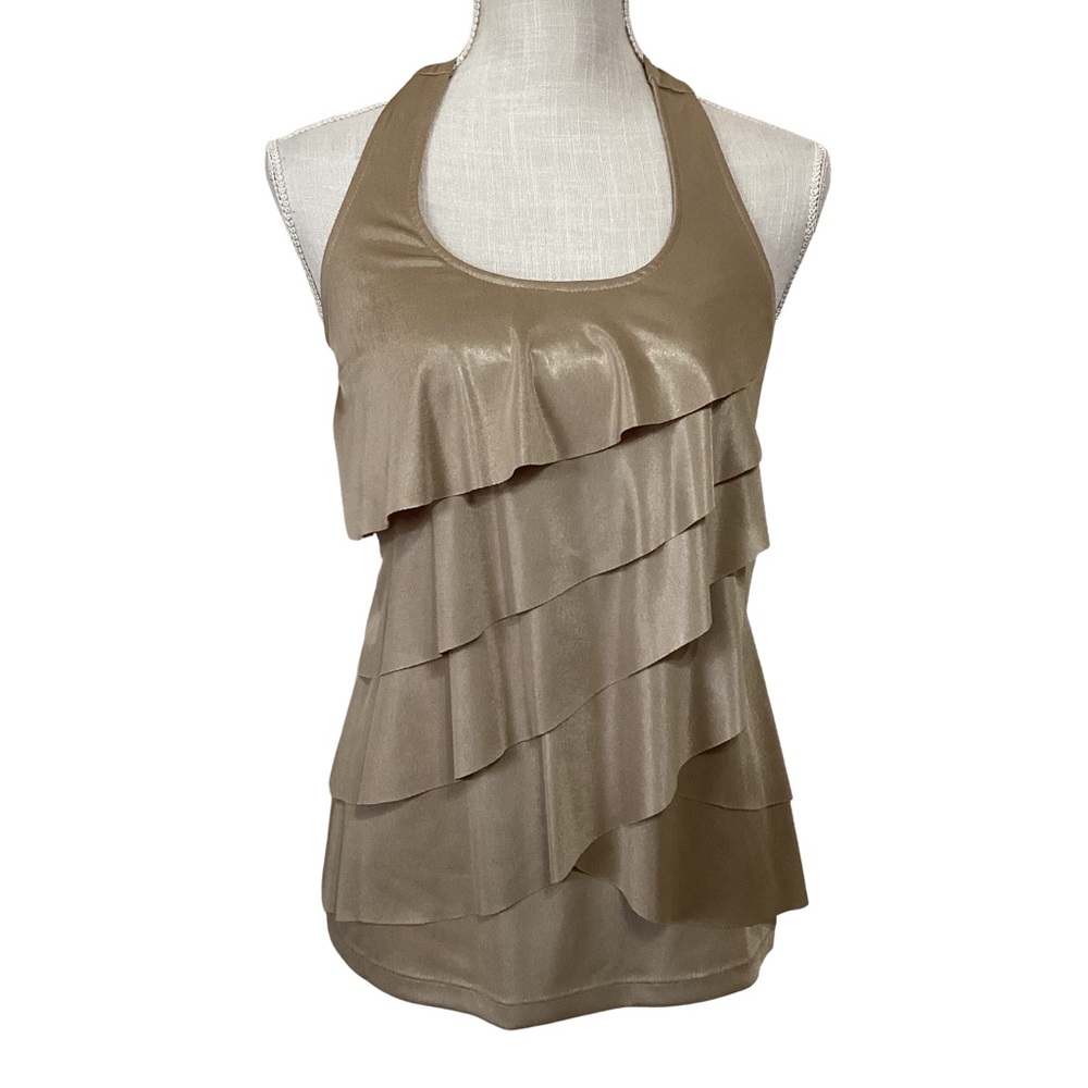 Cache Halter Top Gold Tone Diagonal Ruffles Top | Size XS